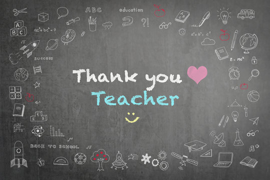 Thank you teacher with pink heart and smiley icon text announcement on black chalkboard background with freehand sketch doodle pastel color chalk drawing: School blackboard with gratitude message