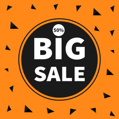 Big sale black tag circle, round banner, advertising poster. Autumn fall halloween season offer. Flat design. Orange background with triangles.