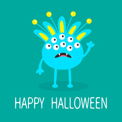 Happy Halloween greeting card. Blue monster with ears, fang tooth. Funny Cute cartoon character. Baby collection. Flat design. Green background.
