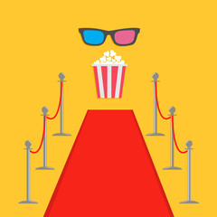 Red carpet and rope barrier golden stanchions turnstile Popcorn box. 3D glasses. Isolated template Yellow background. Flat design