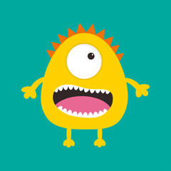 Yellow monster with one eye, teeth, tongue. Funny Cute cartoon character. Baby collection. Isolated. Happy Halloween card. Flat design. Green background.