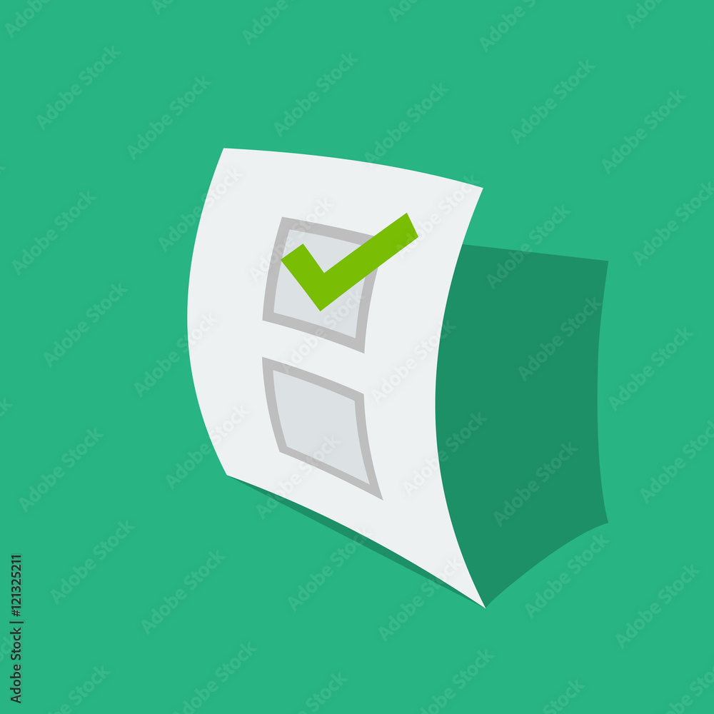 Poster paper sheet with poll result check mark vector illustration, concept of questionnaire checklist, sur