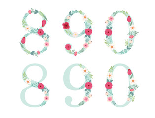 Cute vintage numbers with hand drawn rustic flowers isolated on white background