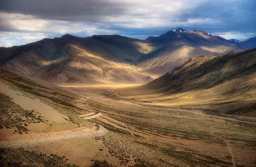 Himalayan mountain landscape along Manali - Leh National Highway in Ladakh, Jammu and Kashmir state, India.