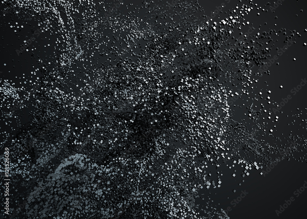 Poster abstract 3d rendering of chaotic particles. flying cubes in empty space. dynamic shape. futuristic b