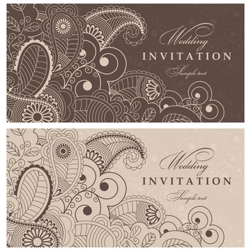Set of 2 Wedding Invitation. Greeting Card with Flowers in a folk style