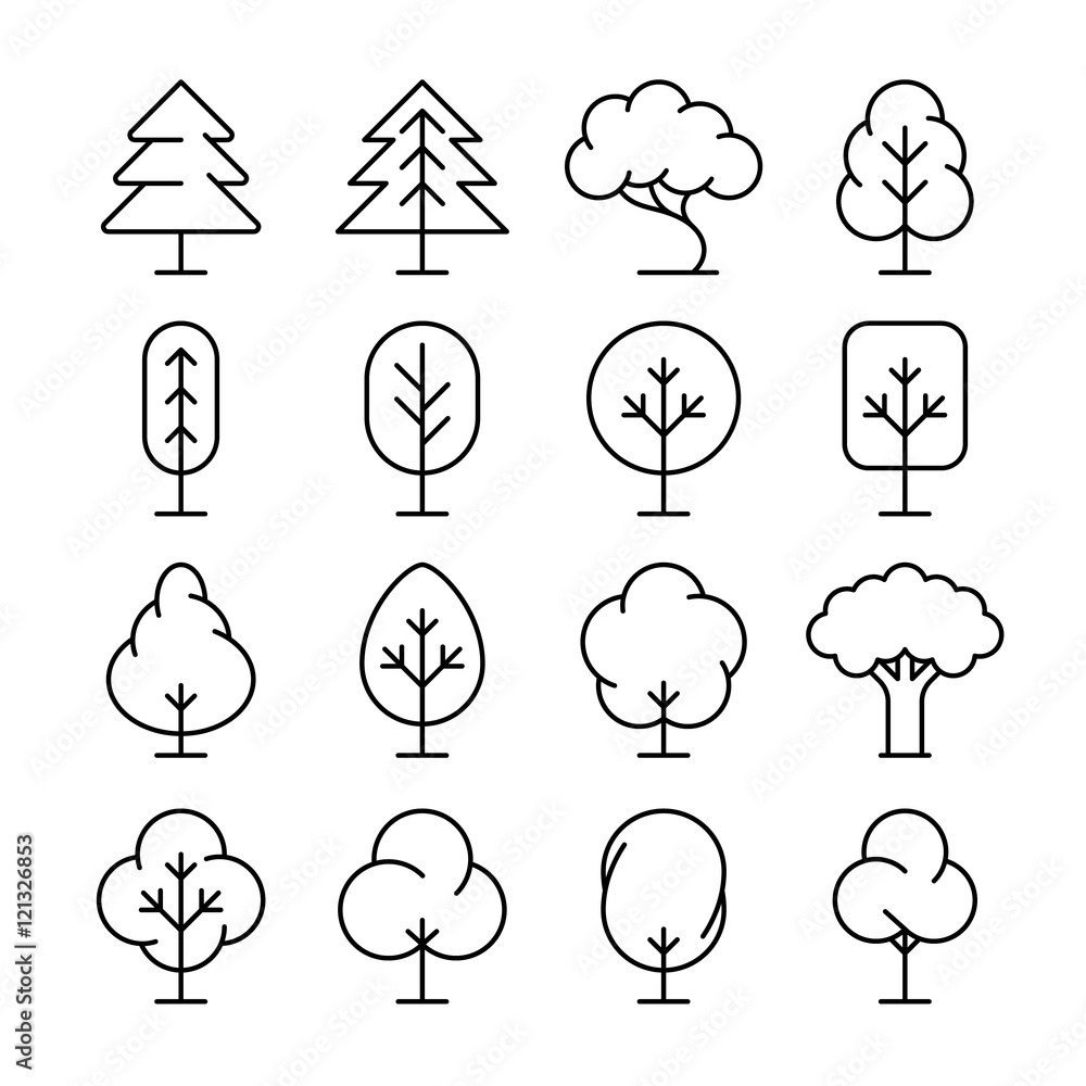 Aufkleber tree thin line vector icons set