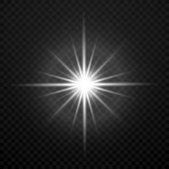 Fototapeta premium Vector white glowing transparent brightly light star burst explosion isolated on plaid backdrop