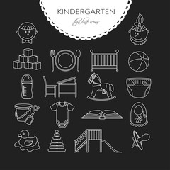 Child and baby care center thin line icons.