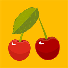 Ripe juicy sweet cherries on yellow background. Vector illustration