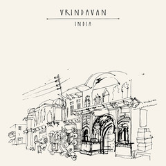 A street in the holy city of Vrindavan, India. Sacred Krishna place. Vintage hand drawn postcard template - obrazy, fototapety, plakaty