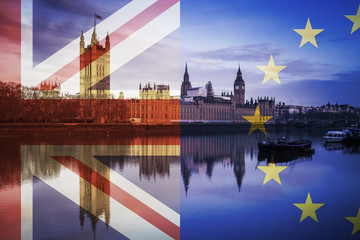 United Kingdom and European Union flags over the Houses of Parliament and Big Ben in London, England - obrazy, fototapety, plakaty
