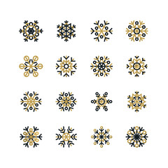 Set of black and golden snowflakes on white background
