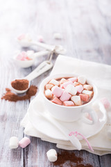 Hot chocolate with mini marshmallows with cocoa on white wooden background with copy space.