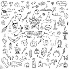 Hand drawn doodle Happy Halloween icons set. Vector illustration. Holiday symbols collection. Cartoon various sketch elements: pumpkin, ghost, castle, bat, candy, witches cauldron, zombie hand, skull