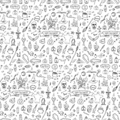 Seamless pattern hand drawn doodle Happy Halloween icons set. Vector illustration. Holiday symbols collection. Cartoon various sketch elements: pumpkin, ghost, bat, candy witches cauldron, zombie hand