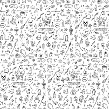 Seamless pattern hand drawn doodle Happy Halloween icons set. Vector illustration. Holiday symbols collection. Cartoon various sketch elements: pumpkin, ghost, bat, candy witches cauldron, zombie hand