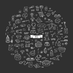 Hand drawn doodle Pets stuff and supply icons set. Vector illustration. Vet symbol collection. Cartoon dogs and cats care elements: kennel, leash, food, paw, bowl, bone and other goods for pet shop