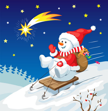 Vector Christmas illustration. Snowman on sled with christmas gifts and star in the sky. New year card concept.