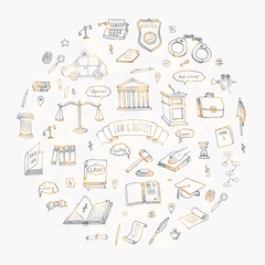 Hand drawn doodle Law and Justice icons set Vector illustration law sketchy symbols collection Cartoon law concept elements suitable for info graphics, websites and print media. Black and white icons