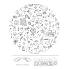 Hand drawn doodle Autumn icons set. Vector illustration. Fall symbols collection. Cartoon various seasonal elements: turkey, harvest, vegetables, pumpkin pie, leaves, trees, hot tea, wine, mushrooms