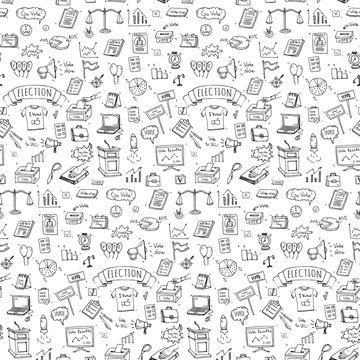 Seamless pattern hand drawn doodle Vote icons set. Vector illustration. Election symbols collection. Cartoon various voting elements: hand putting paper in the ballot box, speaker, scale, calendar