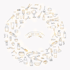 Hand drawn doodle Hair salon icons set. Vector illustration. Barber symbols collection. Cartoon hairdressing equipment elements: shampoo, mask, hair die, scissors, iron, curlers, dryer, razor.
