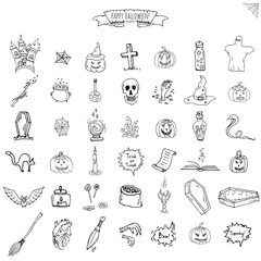 Hand drawn doodle Happy Halloween icons set. Vector illustration. Holiday symbols collection. Cartoon various sketch elements: pumpkin, ghost, castle, bat, candy, witches cauldron, zombie hand, skull