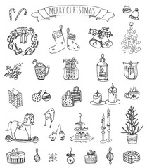 Set of hand drawn sketchy Merry Christmas elements. Doodle vector illustration elements: Candles, gift boxes, wreath, stocking, christmas tree, candy, canes, bells, holly decoration. Happy Holidays!