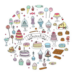 Hand drawn doodle Sweets set. Vector illustration. Sketchy Sweet food icons collection. Isolated desert symbols: Cupcake, Macarons, Chocolate bar, Candy, Cake, Pie, Pastry, Lollipop, Pastry.