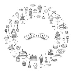 Hand drawn doodle Sweets set. Vector illustration. Sketchy Sweet food icons collection. Isolated desert symbols: Cupcake, Macarons, Chocolate bar, Candy, Cake, Pie, Pastry, Lollipop, Pastry.