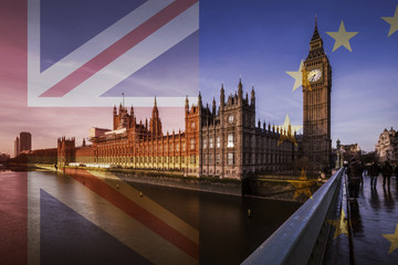Fototapeta na wymiar United Kingdom and European Union flags over the Houses of Parliament and Big Ben in London, England