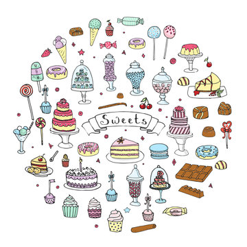 Hand drawn doodle Sweets set. Vector illustration. Sketchy Sweet food icons collection. Isolated desert symbols: Cupcake, Macarons, Chocolate bar, Candy, Cake, Pie, Pastry, Lollipop, Pastry.
