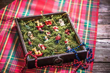 Christmas ornaments in wooden box