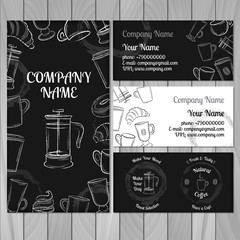 Set of black and white business card with hand drawn coffee cups
