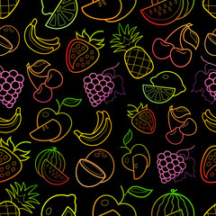 Neon line art colorful fruit icons pattern on black background 