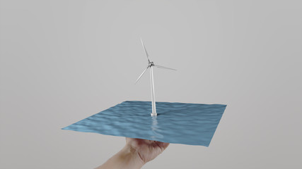 Man twists in hand wind turbine located on water like a tray. Light gray background. Alternative ecologic power generation. 3D rendering