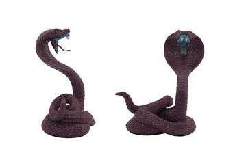 Cobra snake. Isolated brown cobra snake plastic toy profile and full face view photo. 