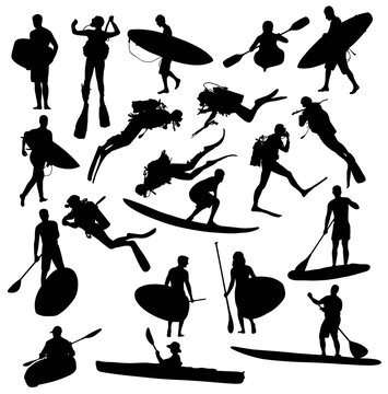 Silhouette Hobby and Sports Activities Canoe Surfing and Scuba Diving Underwater, art vector design