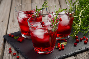 Refreshing drink with cranberries and rosemary on wooden background, selective focus