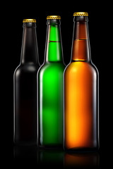 Set of beer bottles with clipping path isolated on black gradient background