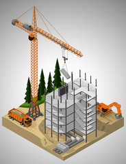 Vector isometric illustration of the construction site and technique involved in the construction. Tower crane, truck and crawler excavator.