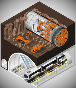 Vector isometric illustration of tunnel boring machine at the construction of a new metro line. Tunnel shields and equipment.
