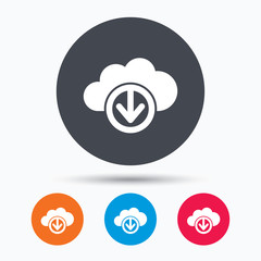 Download from cloud icon. Data storage sign.