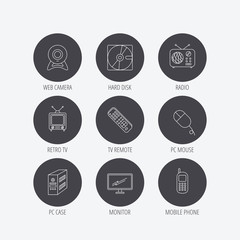 Web camera, radio and mobile phone icons.