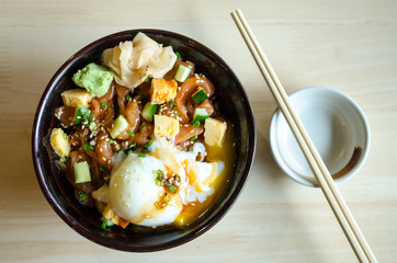 Japanese traditional dish Gyudon made from thinly sliced beef, o