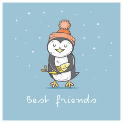 Card with cute cartoon  penguin in hat. Winter time. Little Antarctic bird and fish. Funny animal. Best friends. Vector contour image. Children's illustration.