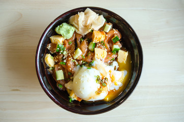 Japanese traditional dish Gyudon made from thinly sliced beef, o