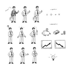 Hand drawn vector set for doodle animation. Businessman and finances.