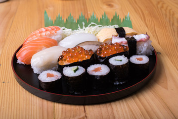 Japanese seafood sushi set on wood